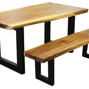 Dinning Table With Side Bench-Acacia Wood and Iron-Size Dining Table Size : 200x100x90      Side Bench Size :  160x42x55 -Natural wood and Black - DT-7010