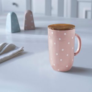 Ceramic Mug Tall Polka Dots W/Wdn Lid Blush - SWETA1727