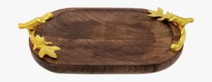 WOOD AND ALUMINIUM  Rectangle Wooden Tray with Metal Gold Horn Handle - Wooden Polished and Gold Plated Handles - EBM101