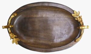 WOOD AND ALUMINIUM  Wooden Oval Tray Bird Handle - Wooden Polished and Gold Plated Handles - EBM103