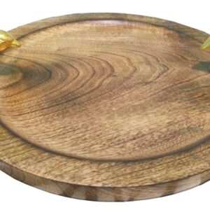 WOOD AND ALUMINIUM  Wooden Circular Tray with Bird Handle - Wooden Polished and Gold Plated Handles - EBM105
