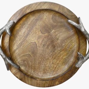 WOOD AND ALUMINIUM  Wood Circular Tray with Silver Horn Handle - Wooden Polished and Gold/Silver Plated Handles - EBM128