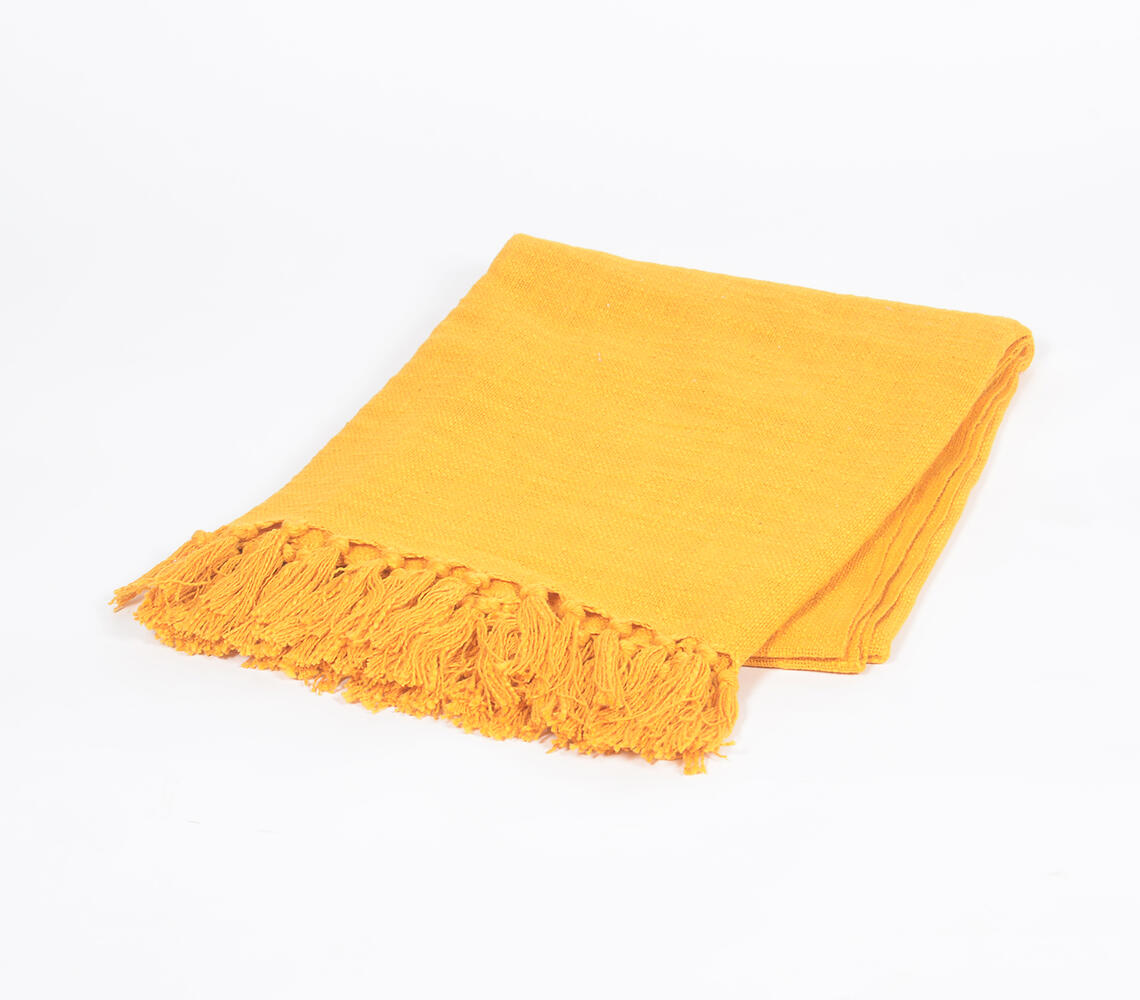 Bohemian Handcrafted Cotton Throw with Fringes - Yellow - VAQL101011102145