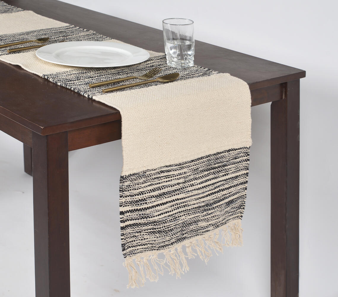 Handwoven Block Striped & Tasseled Table Runner - Brown - VAQL101011102175