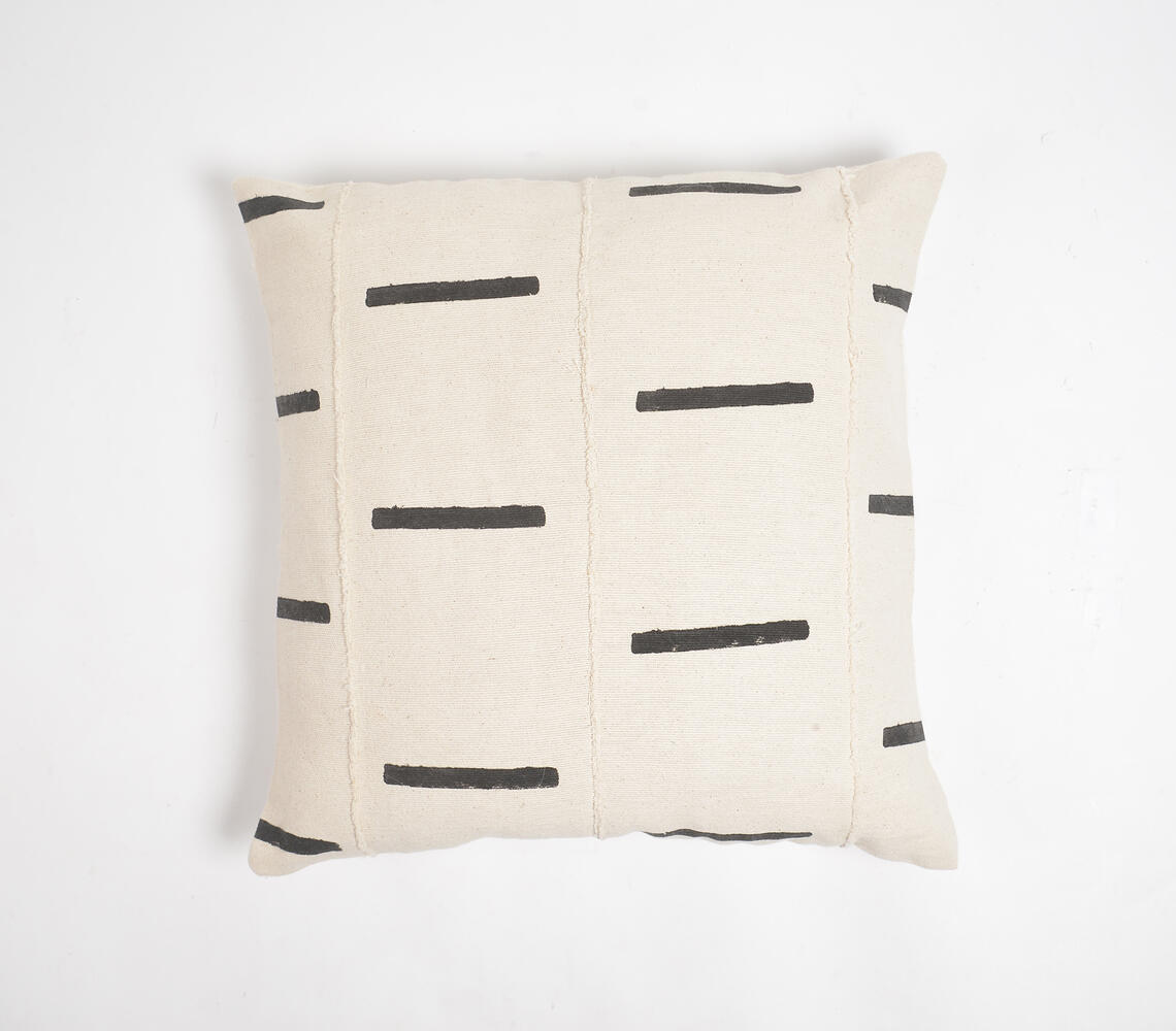 Block Printed Broken Lines Monochrome Cotton Cushion Cover - White - VAQL101011102479