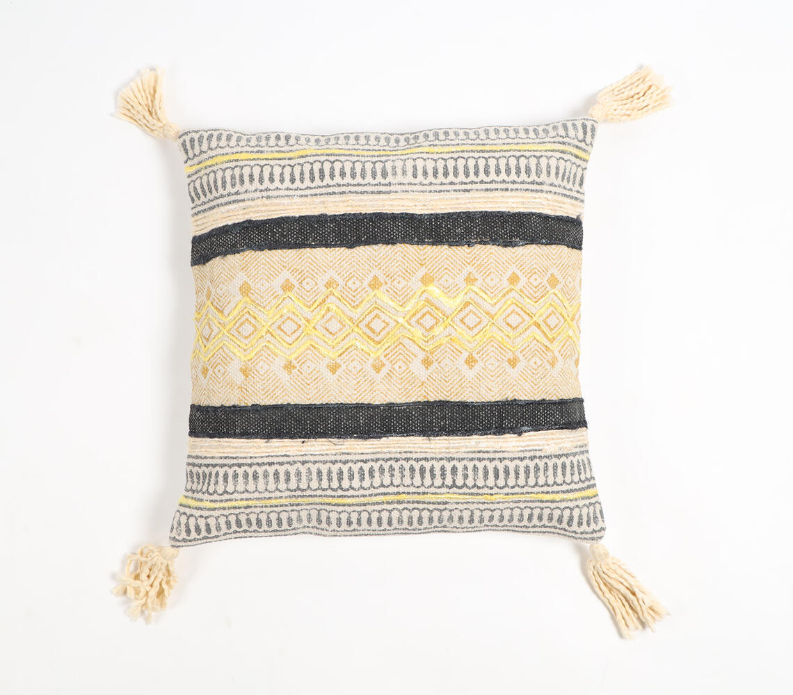 Block Printed Cotton Geometric-Tribal Tasseled Cushion Cover - Multicolor - VAQL101011102496