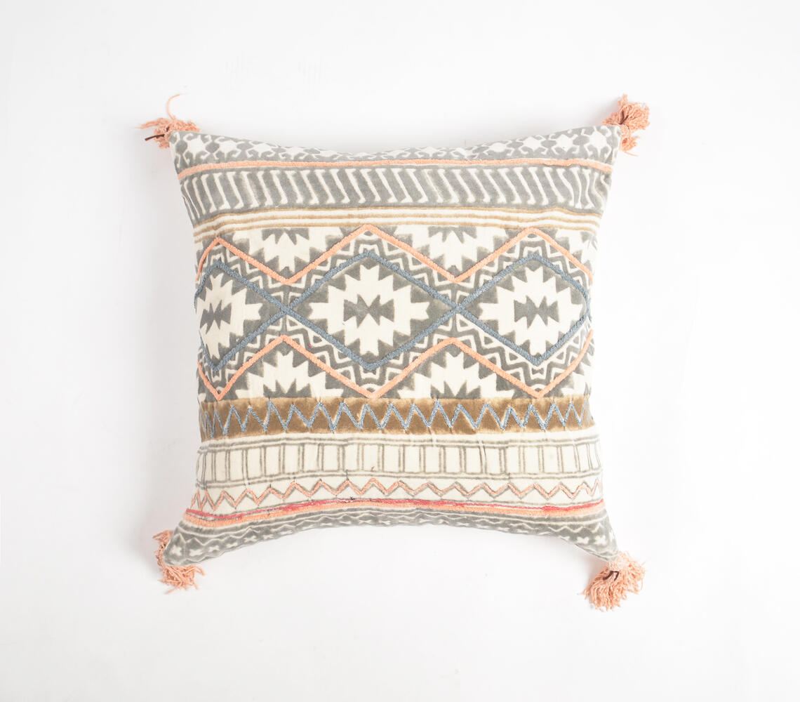 Block Printed & Embroidered Cotton Tasseled Cushion Cover - Multicolor - VAQL101011102518