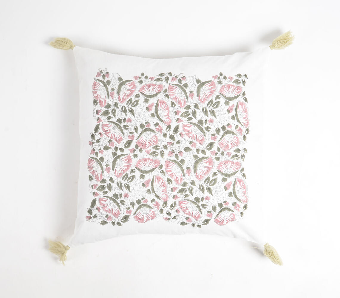 Pastel Floral Block Printed Tasseled Cushion Cover - Multicolor - VAQL101011102540