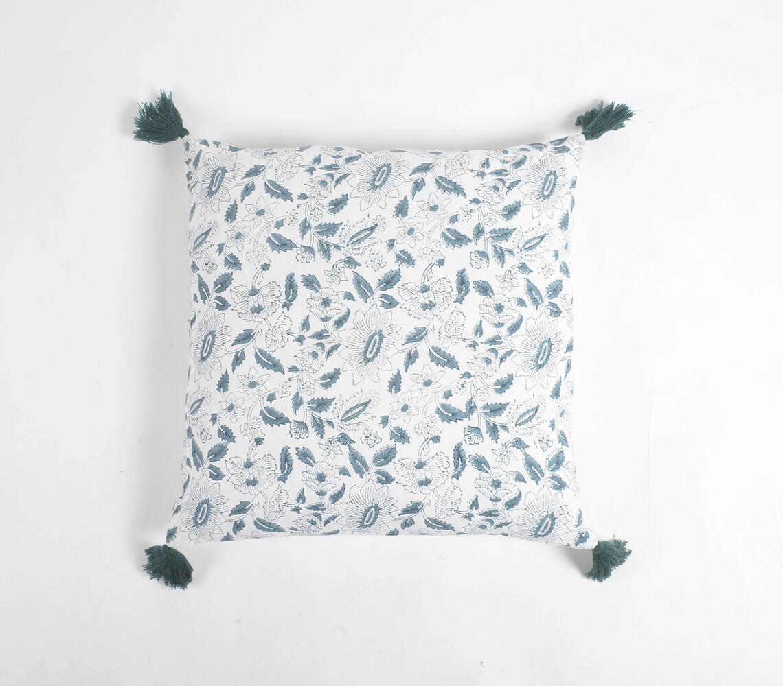 Block Printed Navy Floral Tasseled Cushion Cover - Blue - VAQL101011102550