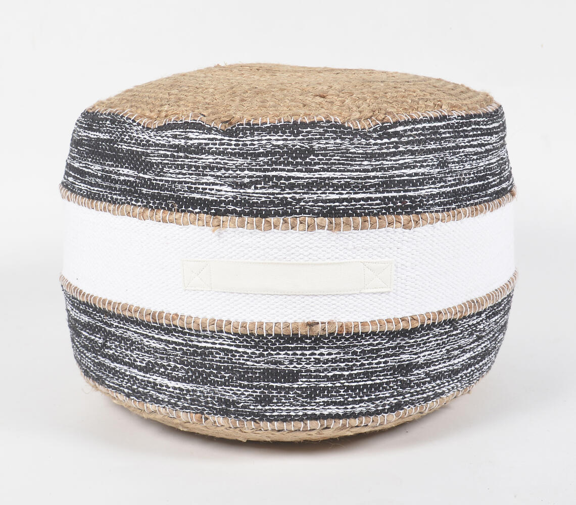 Hand-Braided Jute & Greyscale Cotton Pouf - Multicolor - VAQL101011104242