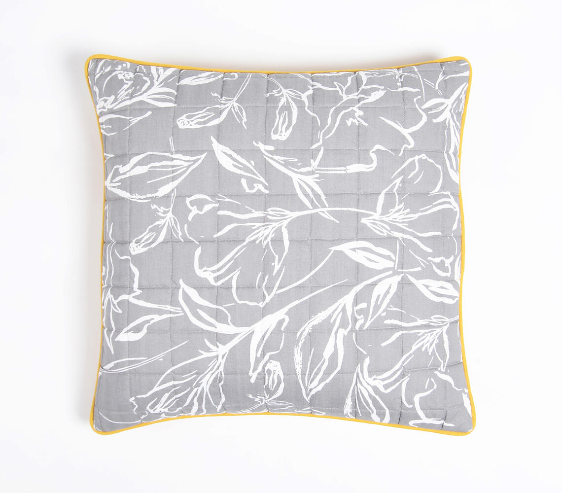 Floral Printed & Quilted Cushion Cover - Grey - VAQL101011104514