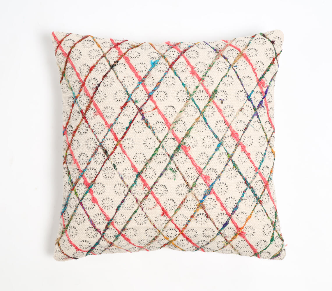 Block Printed & Embroidered Cotton Geometric Cushion Cover - Multicolor - VAQL101011111857