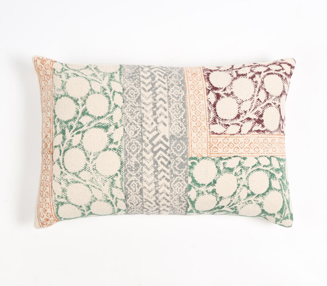 Block Printed Cotton Geometric Botanical Lumbar Cushion Cover - Multicolor - VAQL101011111858