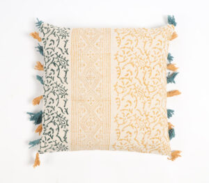 Block Printed Cotton Paisley-Geometric Tassel-Lined Cushion Cover - Multicolor - VAQL101011111860