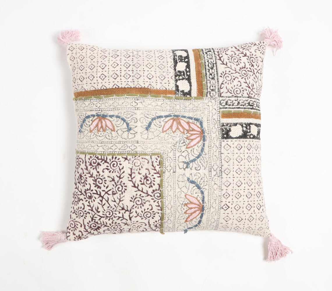 Block Printed Cotton Geometric-Floral Tasseled Cushion Cover - Multicolor - VAQL101011111864