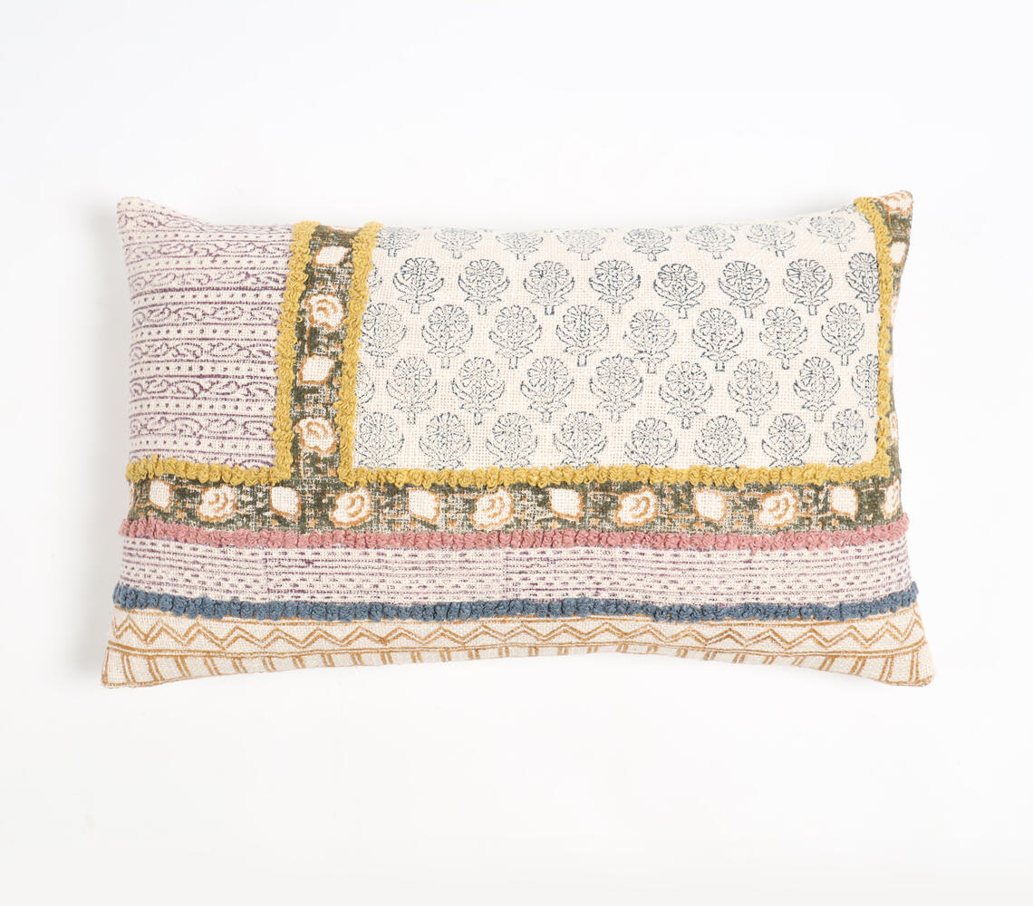 Block Printed Cotton Geometric-Floral Lumbar Cushion Cover - Multicolor - VAQL101011111865