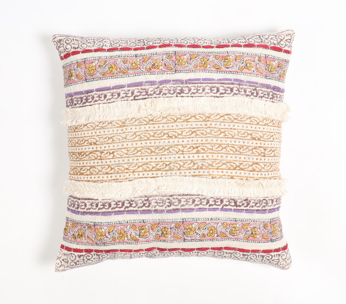 Block Printed Cotton Striped-Motifs Cushion Cover - Multicolor - VAQL101011111870