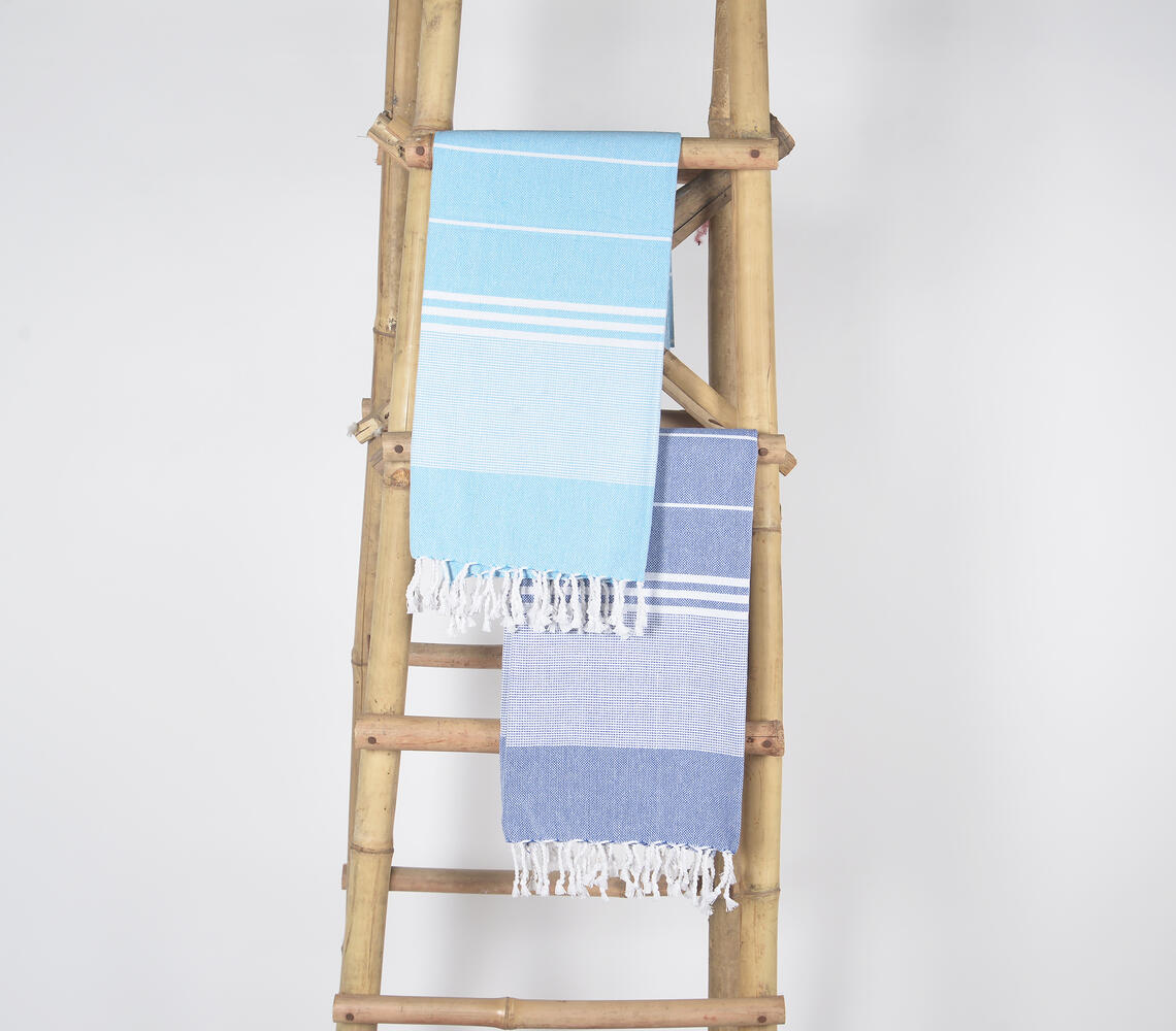 Handwoven Cotton striped Light & Dark Blue Bath Towels (Set Of 2) - Multicolor - VAQL101011114711