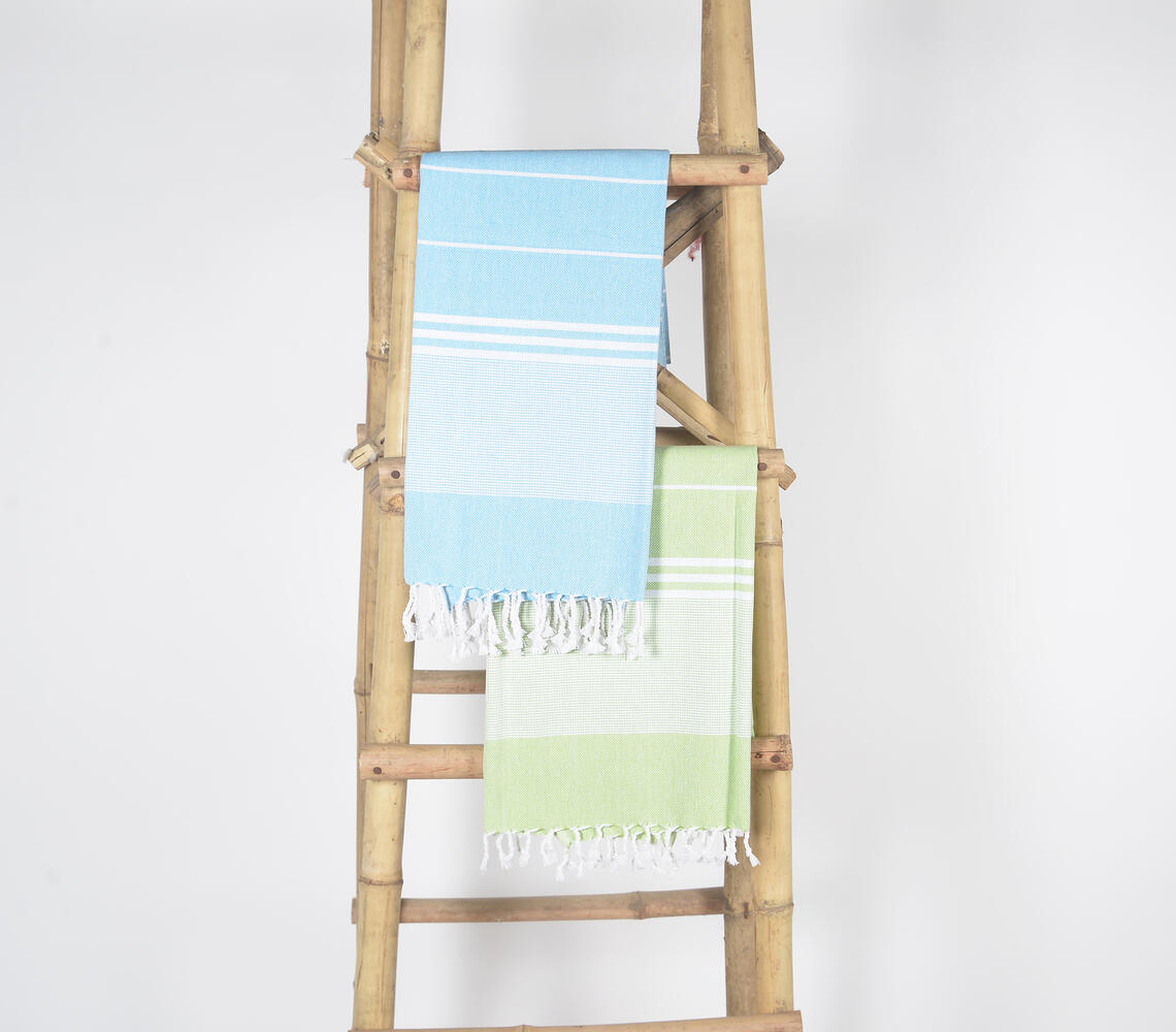 Handwoven Cotton striped Sky & Green Bath Towels (Set Of 2) - Multicolor - VAQL101011114715