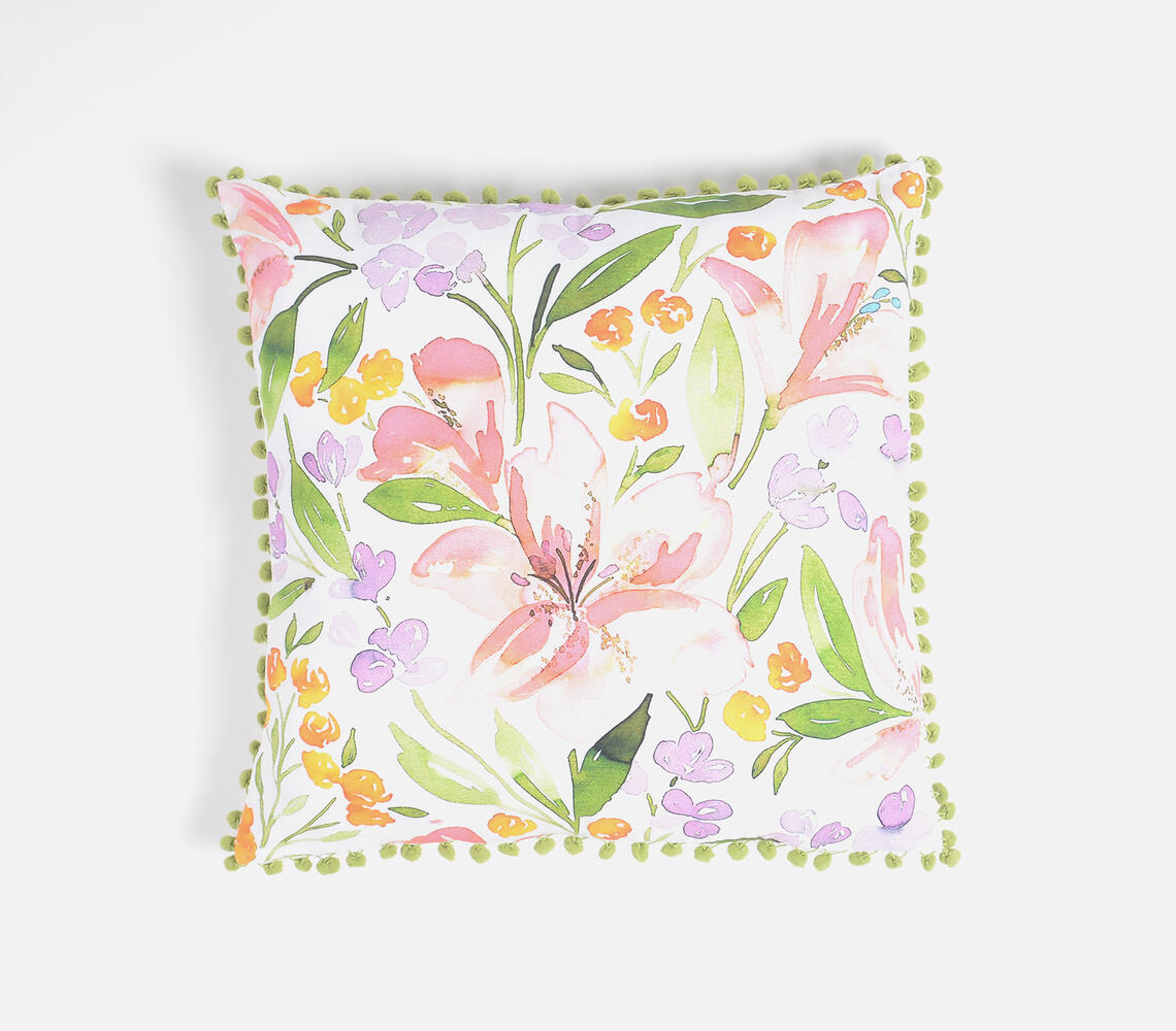 Botanical Cotton Pompom-Lined Cushion Cover - Multicolor - VAQL101011117926