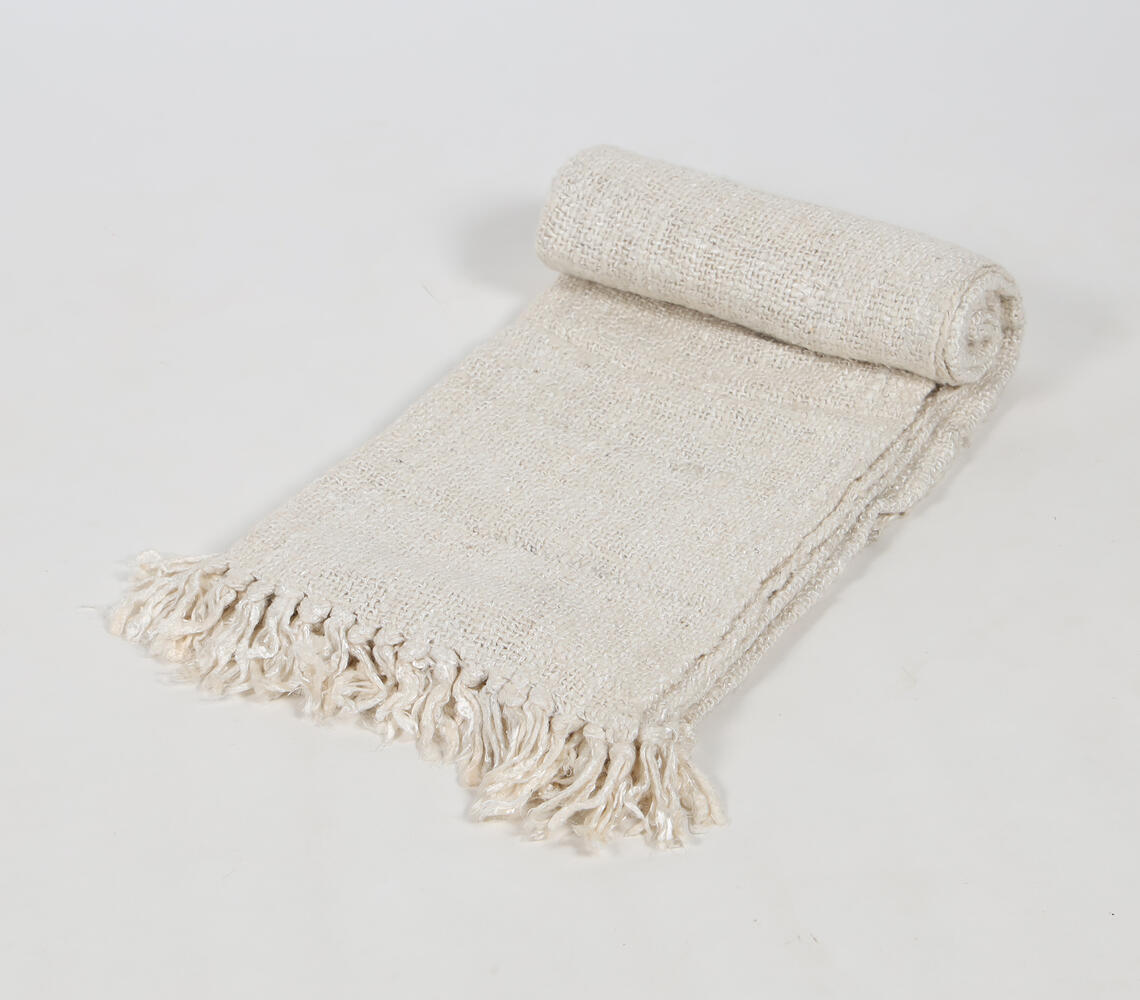 Handwoven Solid Ivory Cotton Tasseled Throw - White - VAQL101011131278
