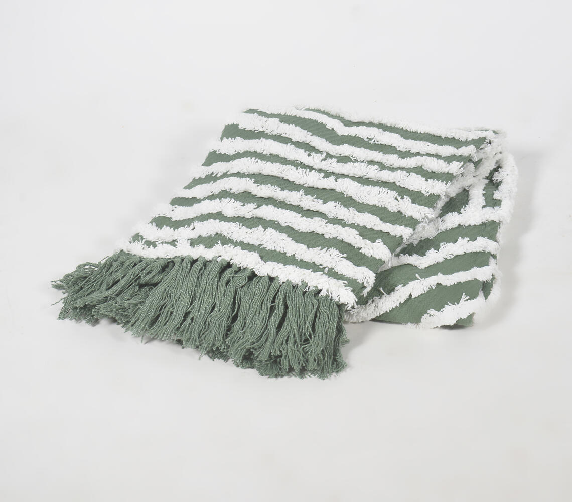 Abstract Striped Cotton Throw with Tassels - Green - VAQL101011132006