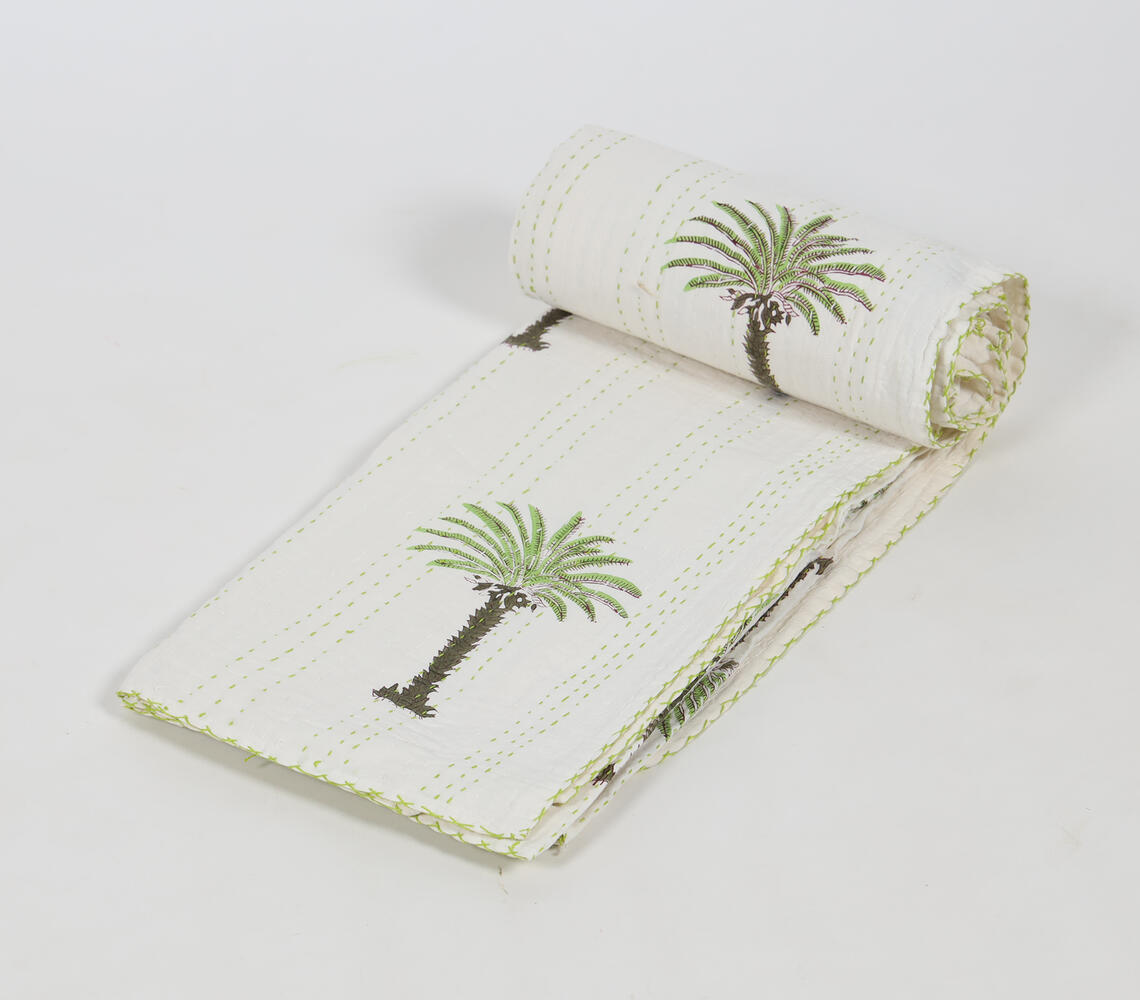 Hand Block Printed Palm Tree Reversible Cotton Quilt - White - VAQL101011143660