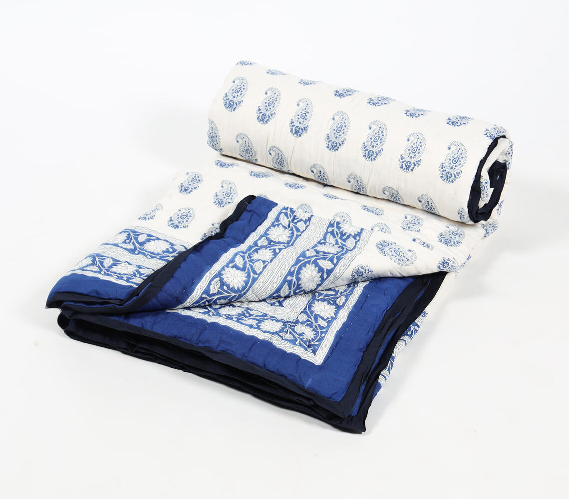 Hand Stitched Cotton Floral Paisley Monochrome Quilt - Blue - VAQL101011155955