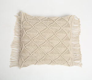 Macrame Fringed Cotton Cushion Cover_1 - Beige - VAQL10101142988