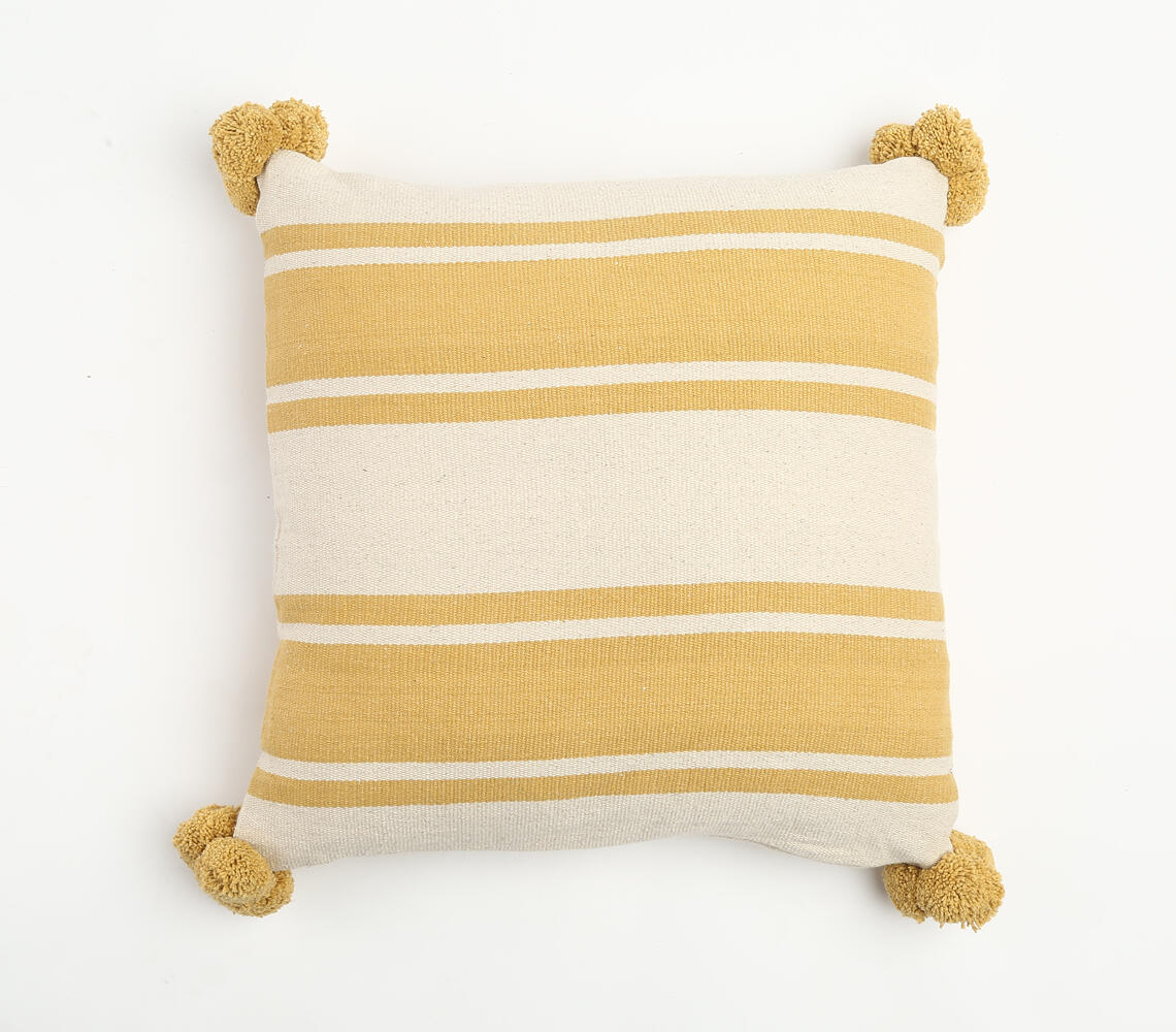 Colorblock Cotton Cushion Cover With Pom Poms - Yellow - VAQL10101150077