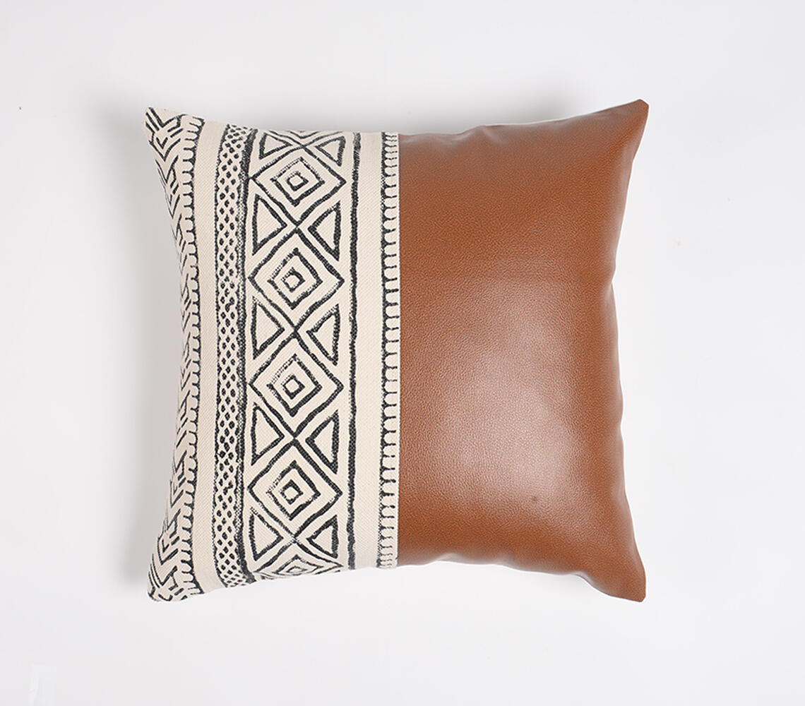 Block Printed Cotton & PU Cushion Cover - Multicolor - VAQL10101173474