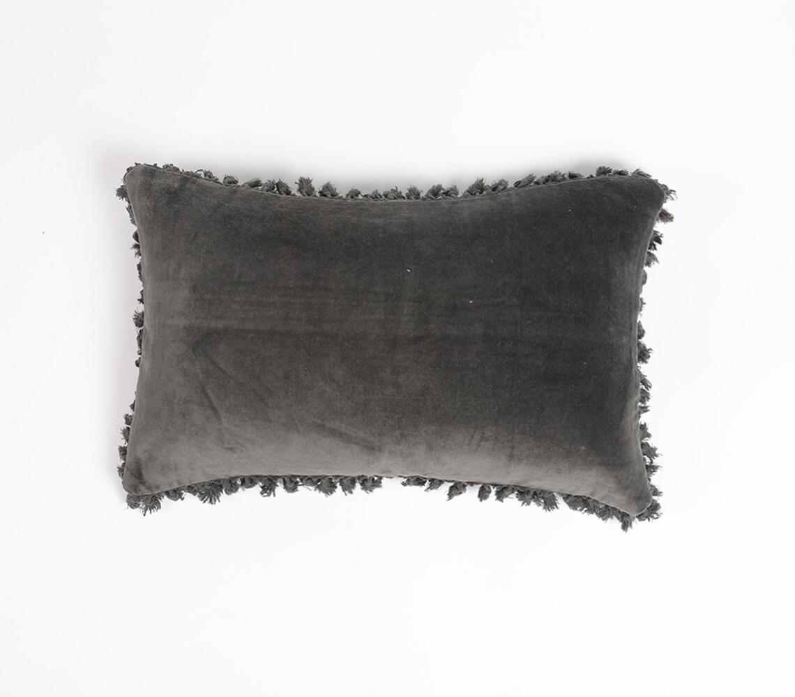 Solid Velvet Cotton Cushion Cover with Border Fringes - Grey - VAQL10101173511