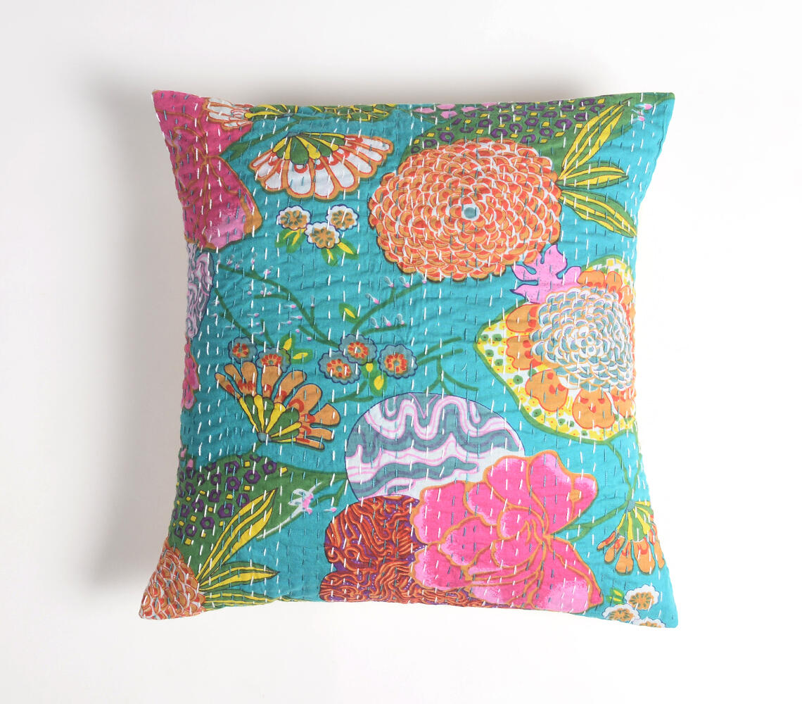 Kantha Embroidered & Block Printed Cushion cover - Turquoise - VAQL10101175514