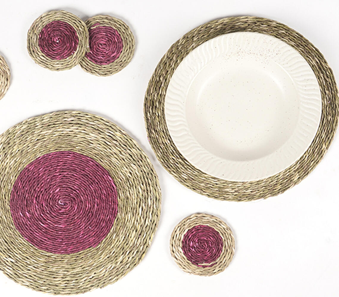 Handwoven Sabai Grass Placemats & Coasters (set of 4 each) - Red - VAQL10101176508