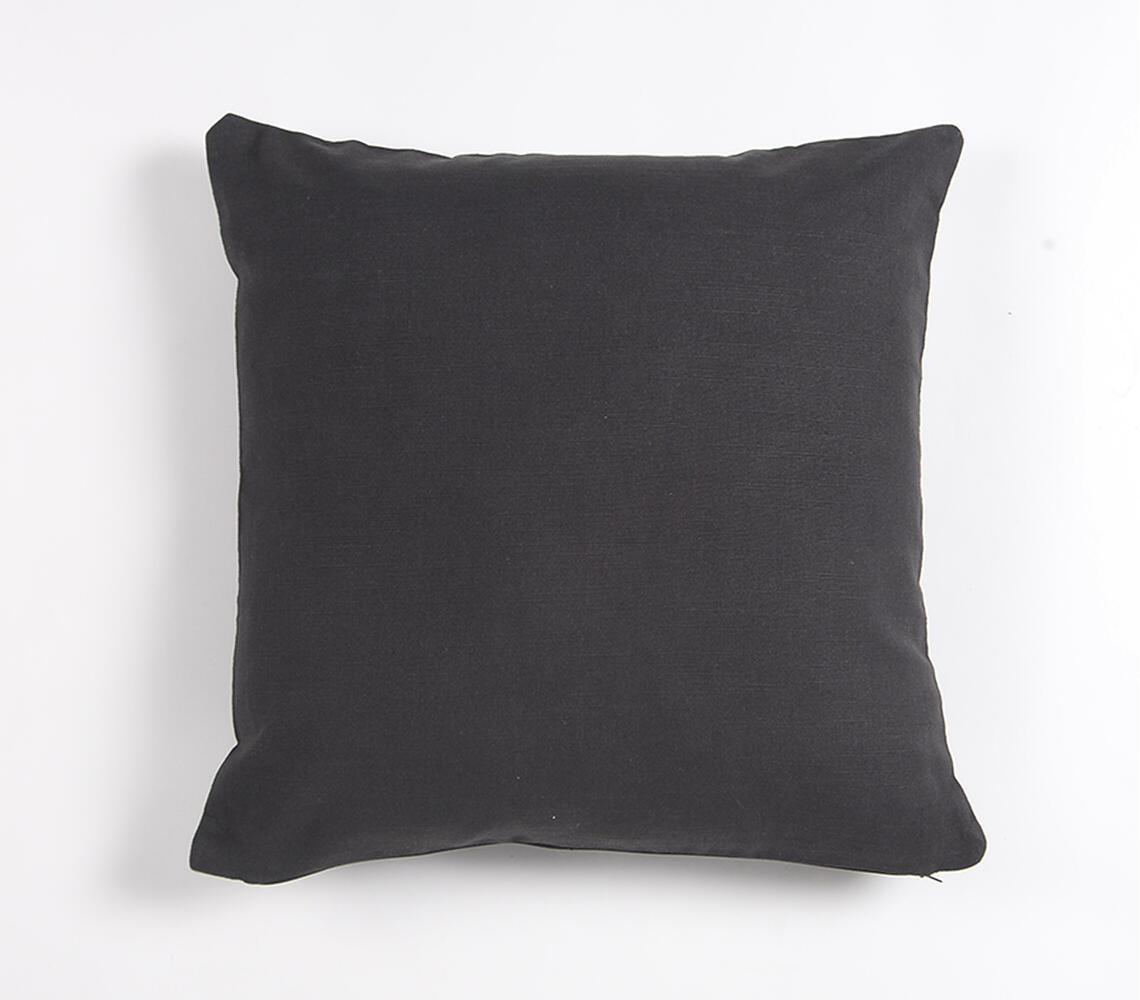 Solid Woven Ivory Cotton Cushion cover - Black - VAQL10101176546