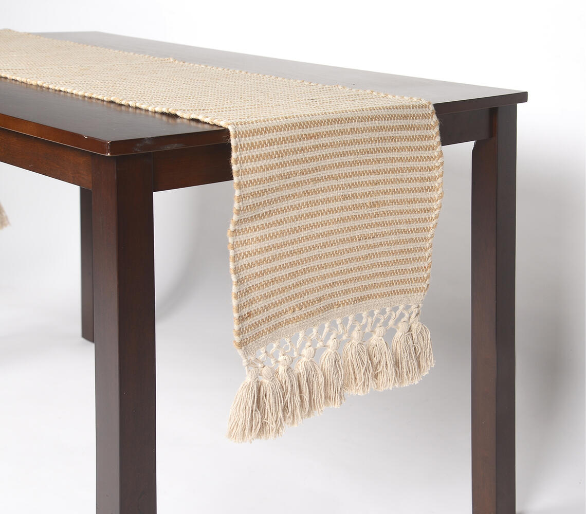 Handwoven Cotton & Jute Tasseled Table runner - White - VAQL10101176561