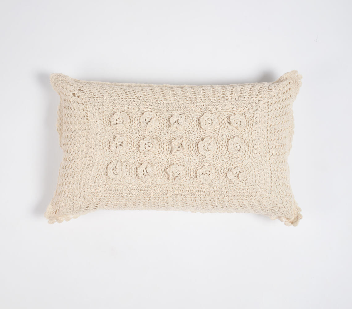 Crochet Cotton Lumbar Cushion Cover with Floral AppliquÃ© - Natural - VAQL10101180384