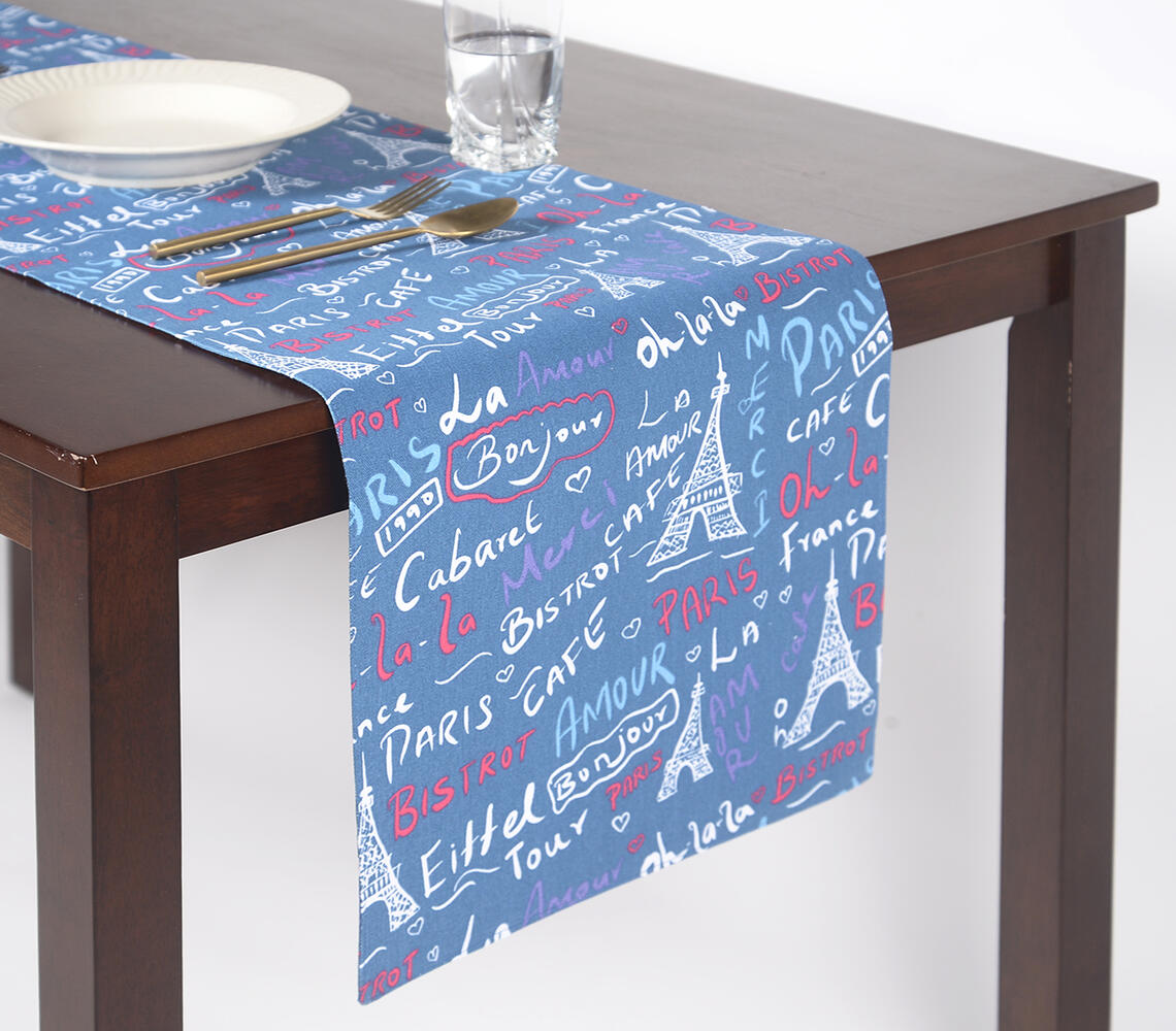 Typographic Paris-Themed Printed Table Runner - Blue - VAQL10101180719
