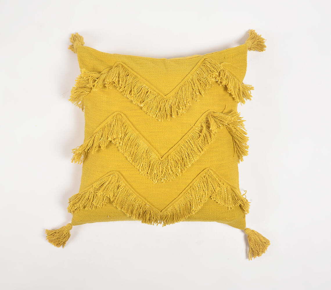 Handwoven Cotton Mustard Chevron Tasseled Cushion Cover - Yellow - VAQL10101188481