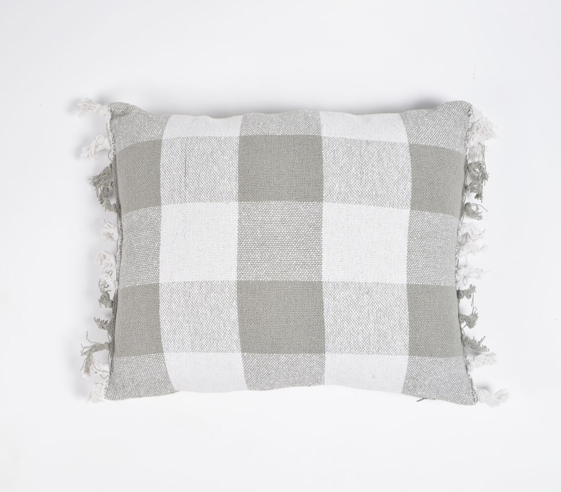 Buffalo Checkered Cotton Pillowcase With Tassels - Grey - VAQL10101189682