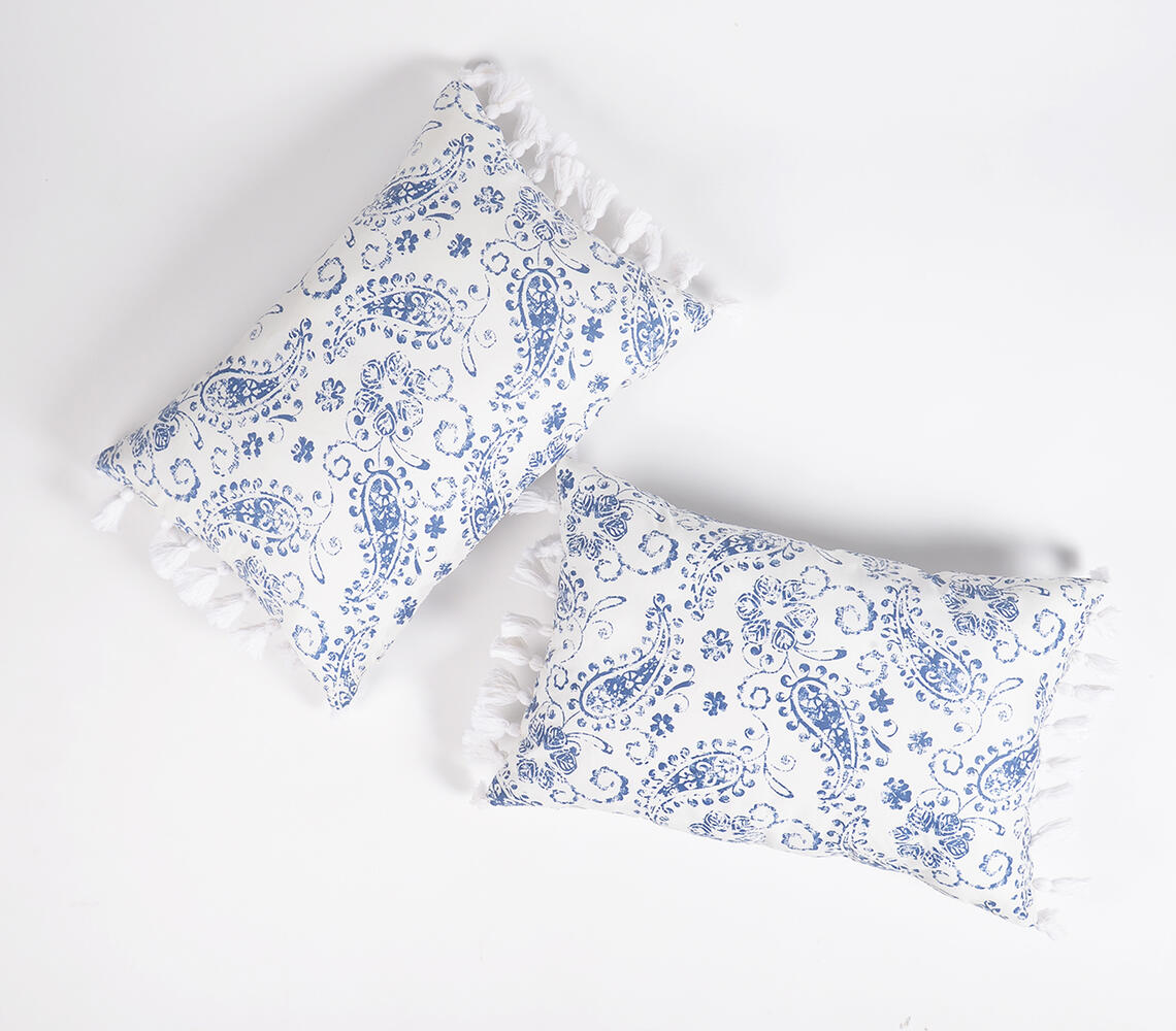Paisley Printed & Tasseled Handloom Cotton Pillow Covers (set of 2) - Blue - VAQL10101197293