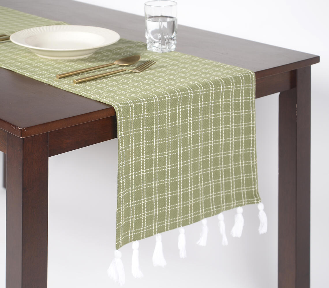 Checkered & Tasseled Olive Handloom Cotton Table Runner - Green - VAQL10101197294