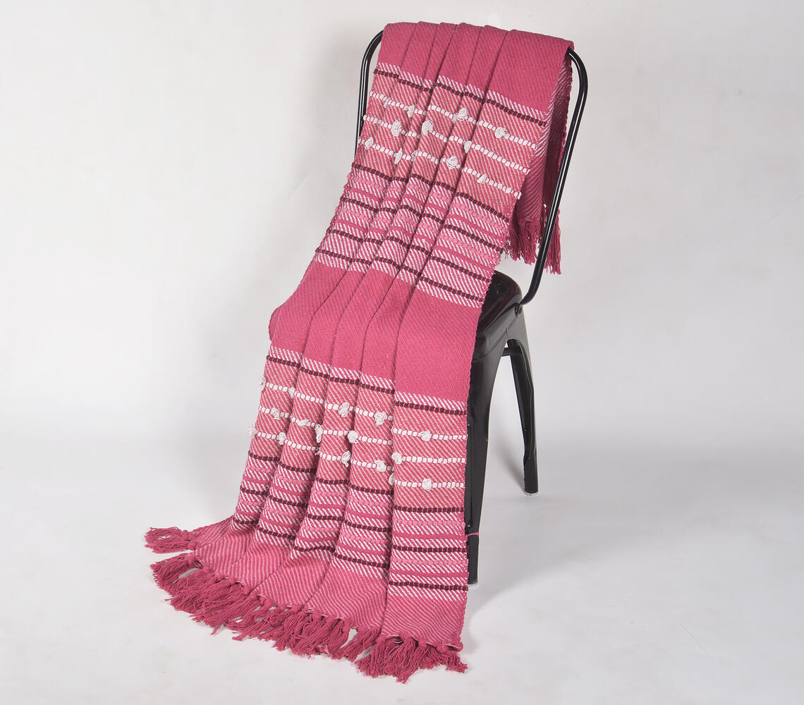 Hot Pink Handloom Cotton Tasseled Throw - Multicolor - VAQL10101197306
