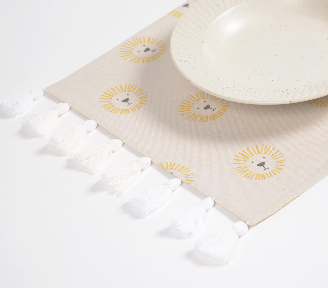 Baby Lion Printed & Tasseled Handloom Cotton Placemats (set of 4) - Grey - VAQL10101197700