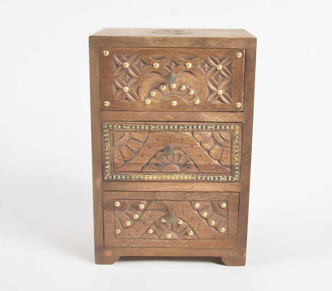 Hand Carved Wooden Chest of 3 Drawers with Brass Accents - Brown - VAQL101012105128