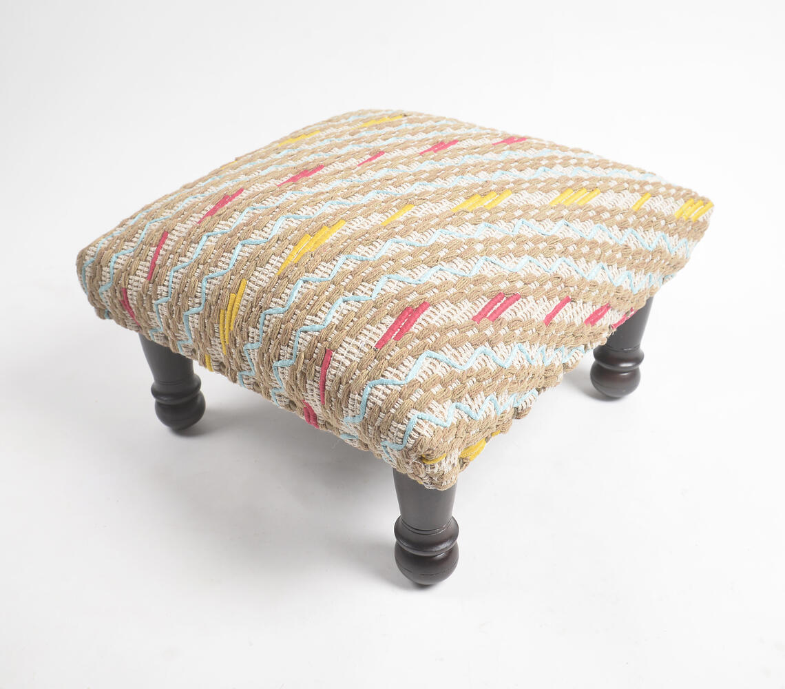 Upholstered & Embroidered Cotton & Wood Stool - Multicolor - VAQL101012109663