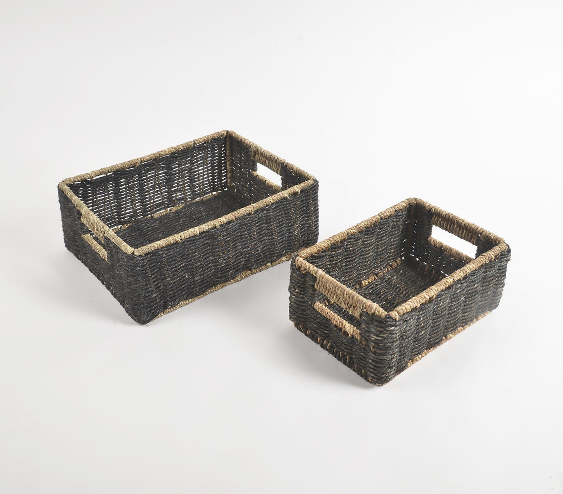 Earthy Sabai Grass Handwoven Towel Baskets (Set of 2) - Black - VAQL101012128533
