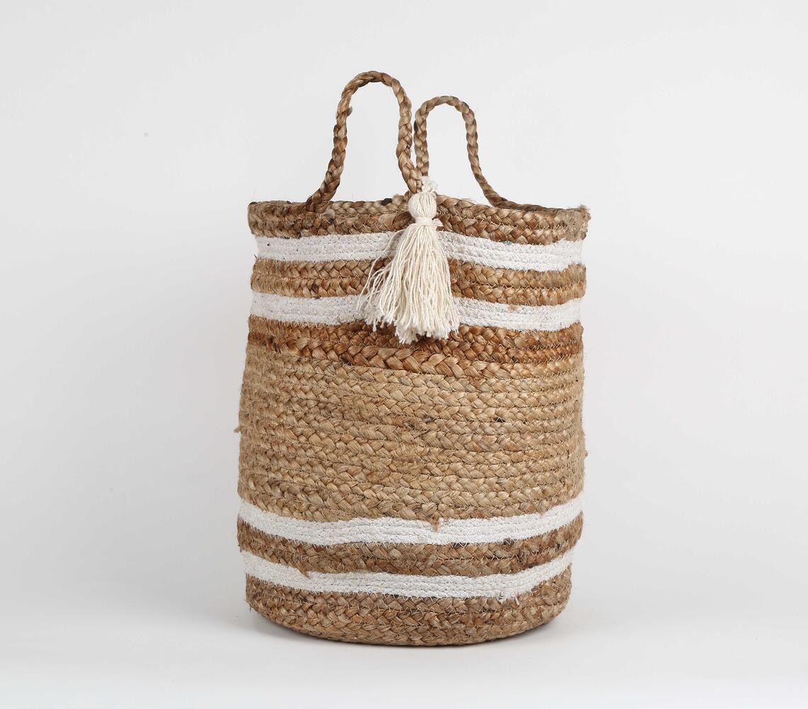 Jute Storage Basket with white stripes - Natural - VAQL10101248385