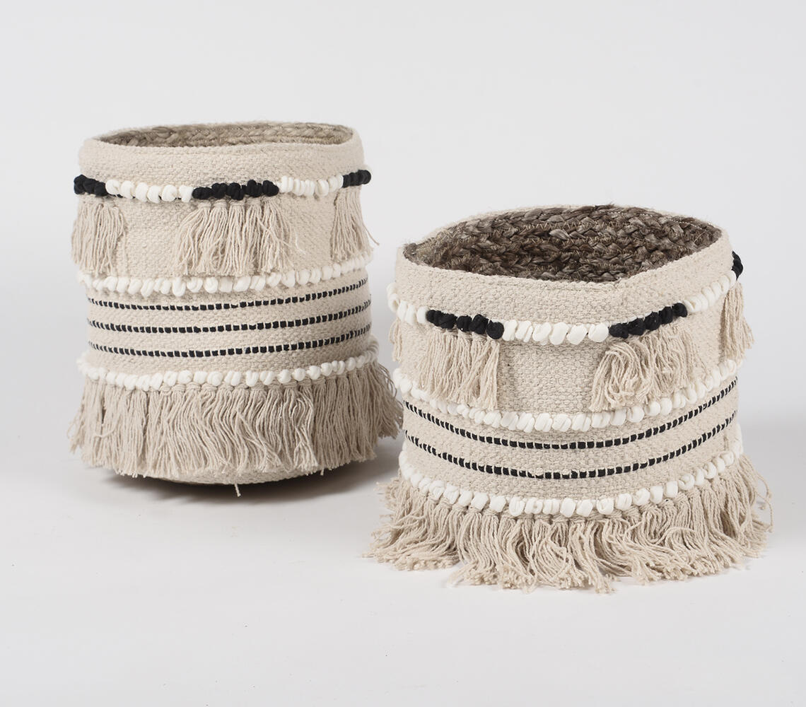 Jute & Fringed Cotton Basket - White - VAQL10101272680
