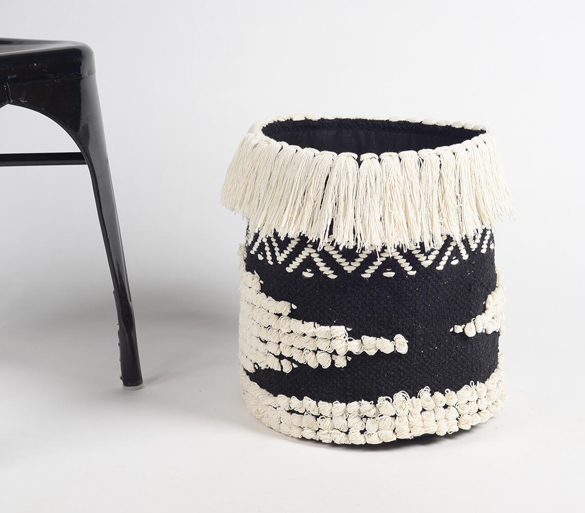 Handwoven Tasseled Cotton Basket - Multicolor - VAQL10101274278